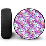 Neon Skull Floral Pattern Print Leather Spare Tire Cover