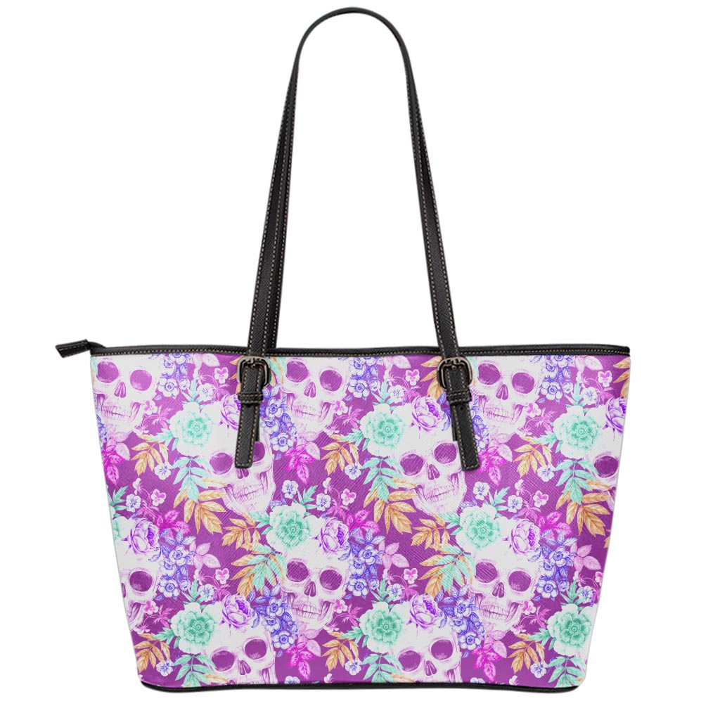 Neon Skull Floral Pattern Print Leather Tote Bag
