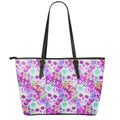 Neon Skull Floral Pattern Print Leather Tote Bag With Zipper