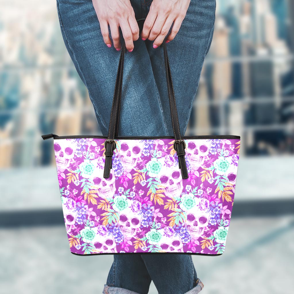 Neon Skull Floral Pattern Print Leather Tote Bag