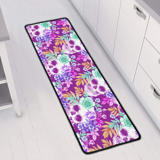 Neon Skull Floral Pattern Print Long Kitchen Mat