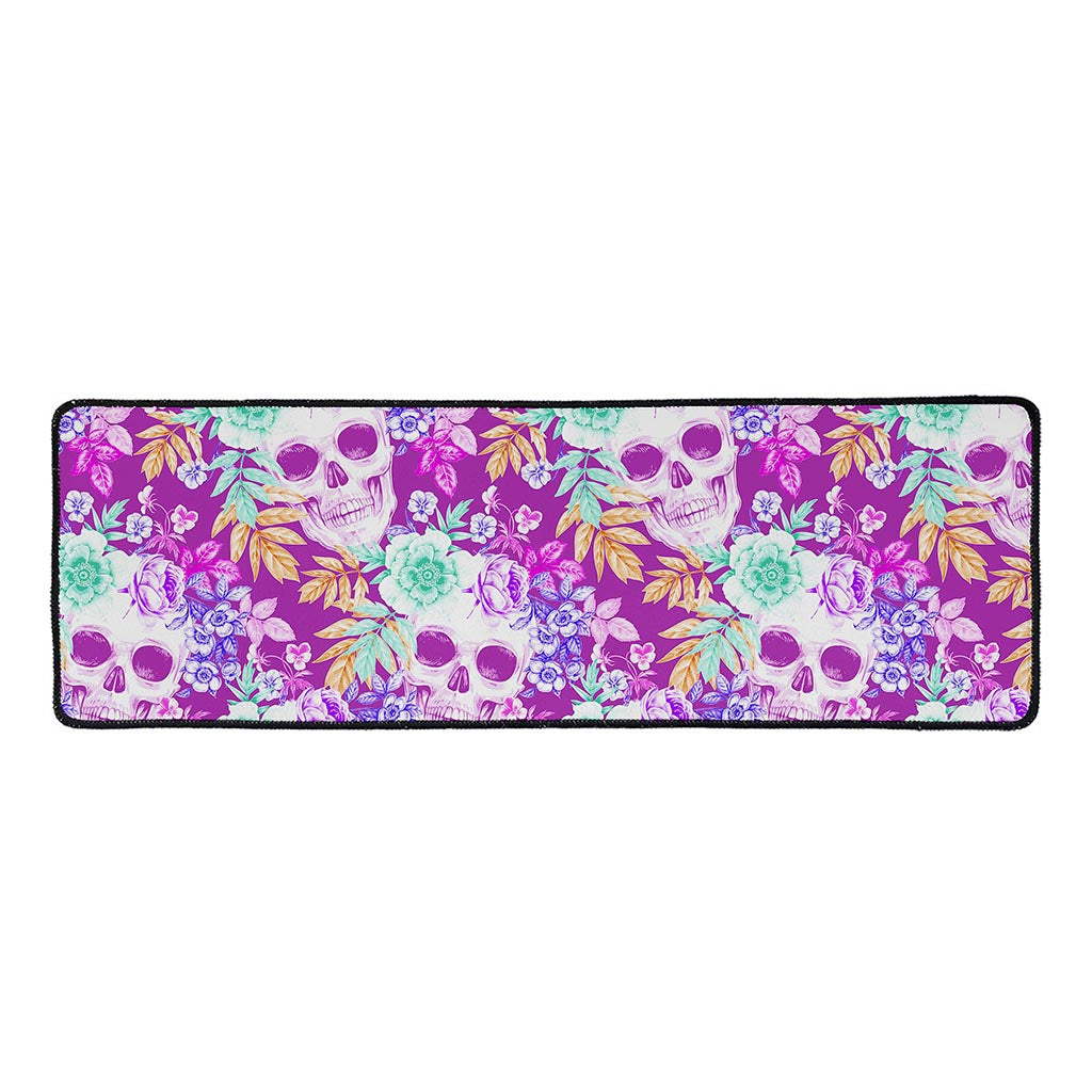 Neon Skull Floral Pattern Print Long Kitchen Mat