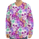 Neon Skull Floral Pattern Print Long Sleeve Baseball Jersey