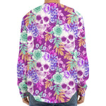 Neon Skull Floral Pattern Print Long Sleeve Baseball Jersey