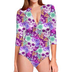 Neon Skull Floral Pattern Print Long Sleeve Swimsuit