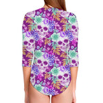 Neon Skull Floral Pattern Print Long Sleeve Swimsuit