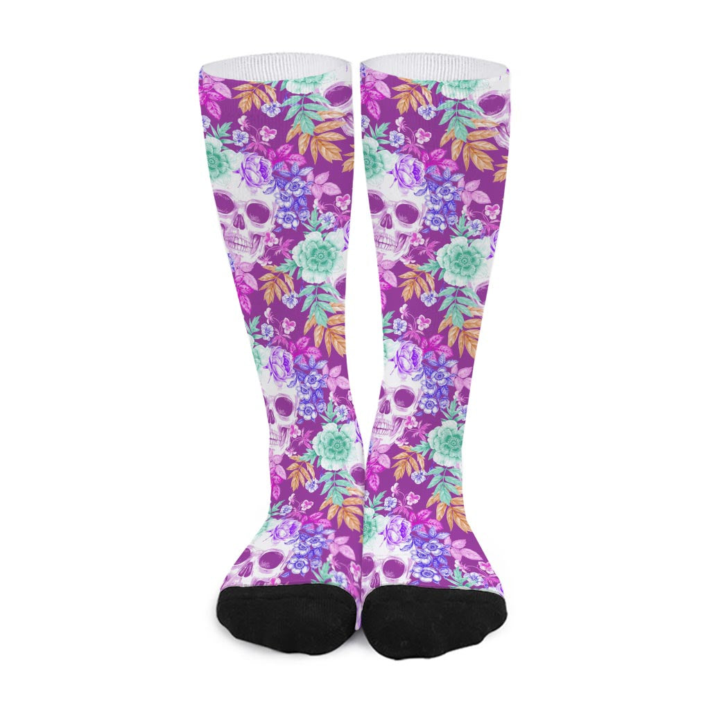 Neon Skull Floral Pattern Print Long Socks