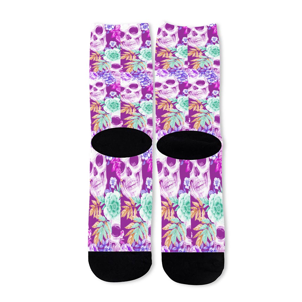 Neon Skull Floral Pattern Print Long Socks