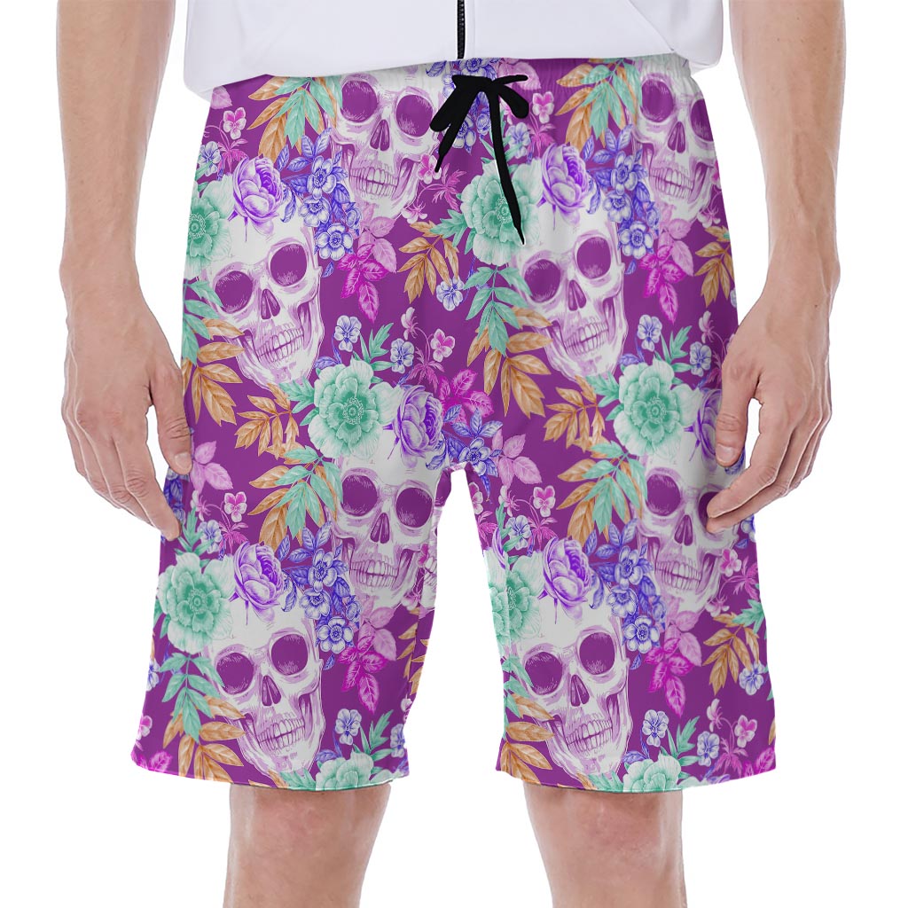Neon Skull Floral Pattern Print Men's Beach Shorts