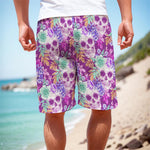 Neon Skull Floral Pattern Print Men's Cargo Shorts
