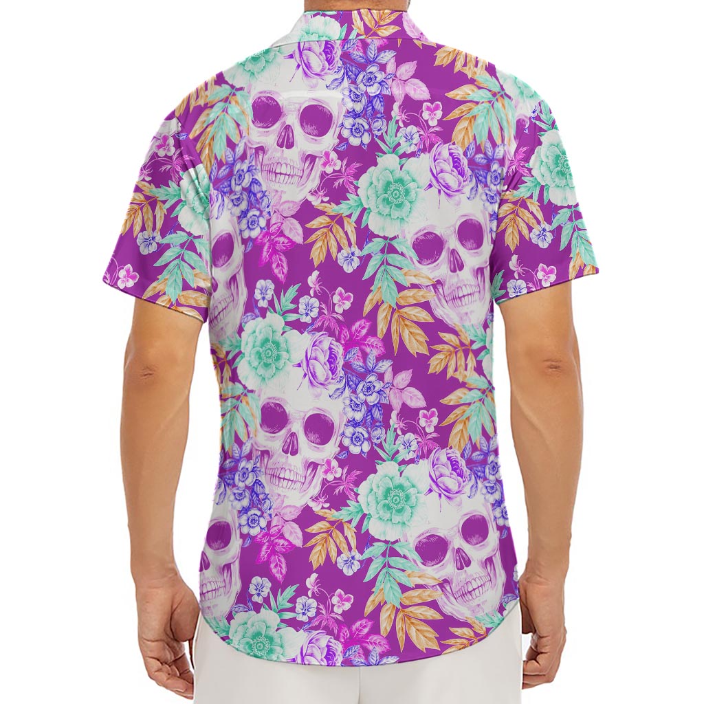 Neon Skull Floral Pattern Print Men's Deep V-Neck Shirt
