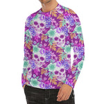Neon Skull Floral Pattern Print Men's Long Sleeve Rash Guard
