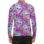 Neon Skull Floral Pattern Print Men's Long Sleeve Rash Guard