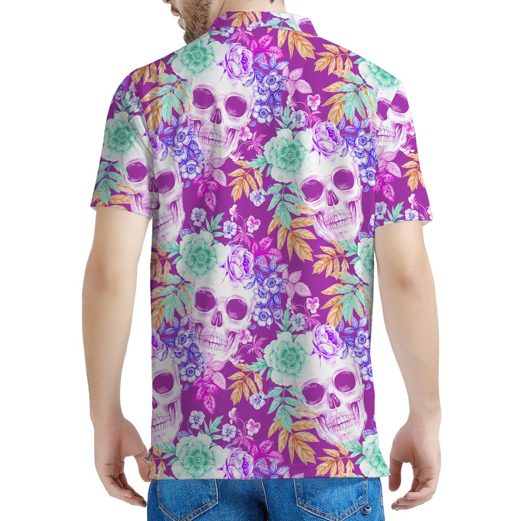 Neon Skull Floral Pattern Print Men's Polo Shirt