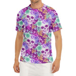 Neon Skull Floral Pattern Print Men's Short Sleeve Rash Guard