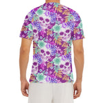 Neon Skull Floral Pattern Print Men's Short Sleeve Rash Guard