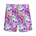 Neon Skull Floral Pattern Print Men's Sports Shorts