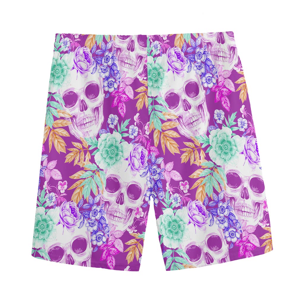 Neon Skull Floral Pattern Print Men's Sports Shorts