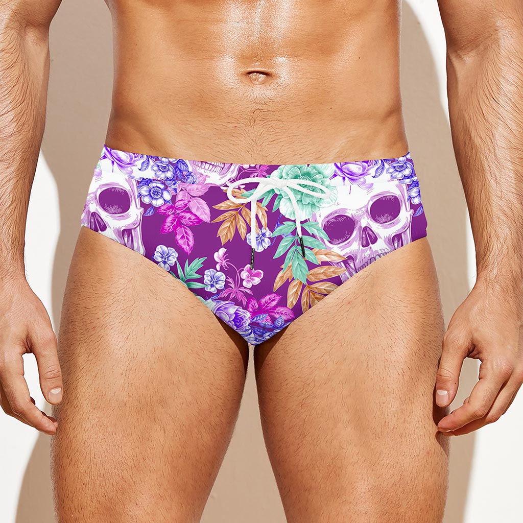 Neon Skull Floral Pattern Print Men's Swim Briefs