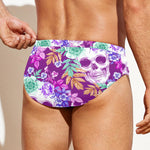 Neon Skull Floral Pattern Print Men's Swim Briefs