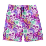 Neon Skull Floral Pattern Print Men's Swim Trunks