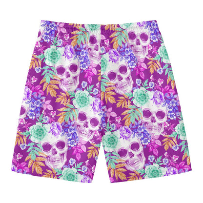 Neon Skull Floral Pattern Print Men's Swim Trunks