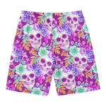 Neon Skull Floral Pattern Print Men's Swim Trunks