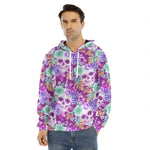 Neon Skull Floral Pattern Print Men's Velvet Pullover Hoodie