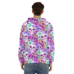 Neon Skull Floral Pattern Print Men's Velvet Pullover Hoodie