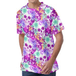 Neon Skull Floral Pattern Print Men's Velvet T-Shirt
