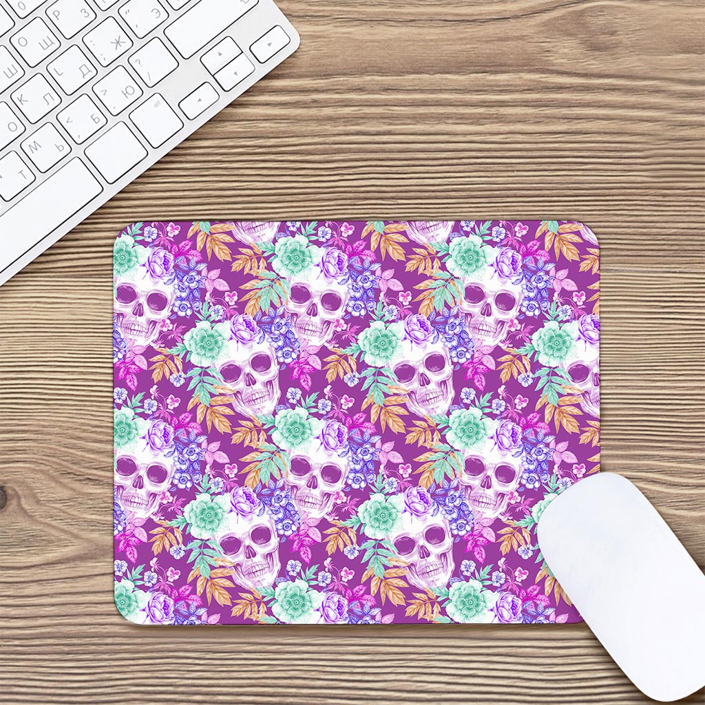Neon Skull Floral Pattern Print Mouse Pad