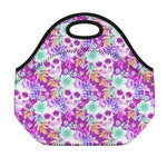 Neon Skull Floral Pattern Print Neoprene Lunch Bag