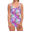 Neon Skull Floral Pattern Print One Piece Swimsuit