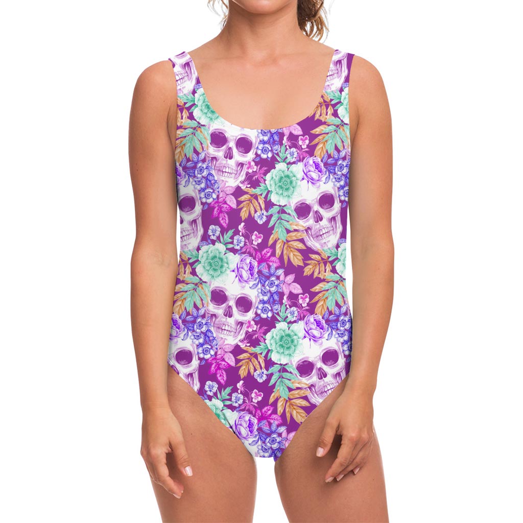 Neon Skull Floral Pattern Print One Piece Swimsuit