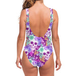 Neon Skull Floral Pattern Print One Piece Swimsuit
