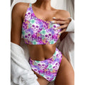Neon Skull Floral Pattern Print One Shoulder Bikini Set