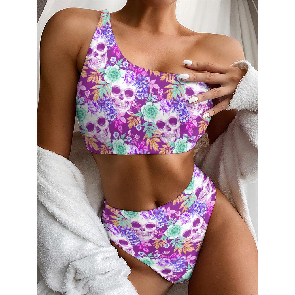 Neon Skull Floral Pattern Print One Shoulder Bikini Top