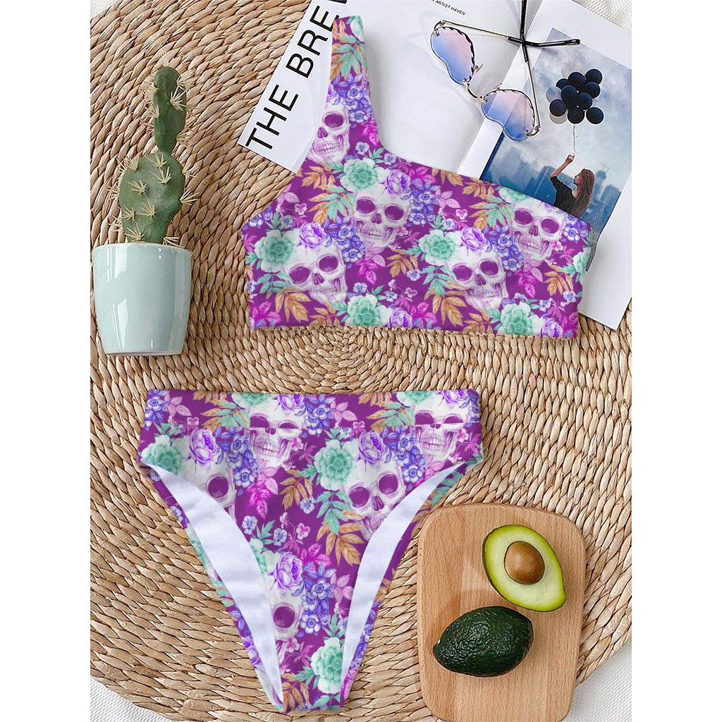 Neon Skull Floral Pattern Print One Shoulder Bikini Top