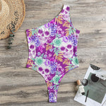 Neon Skull Floral Pattern Print One Shoulder Bodysuit