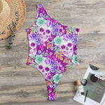 Neon Skull Floral Pattern Print One Shoulder Bodysuit