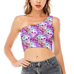 Neon Skull Floral Pattern Print One Shoulder Crop Top