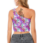 Neon Skull Floral Pattern Print One Shoulder Crop Top
