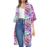 Neon Skull Floral Pattern Print Open Front Beach Cover Up