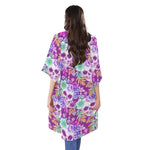 Neon Skull Floral Pattern Print Open Front Beach Cover Up