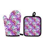 Neon Skull Floral Pattern Print Oven Mitt And Pot Holder Set