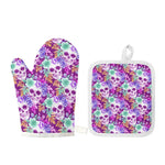 Neon Skull Floral Pattern Print Oven Mitt And Pot Holder Set