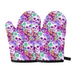 Neon Skull Floral Pattern Print Oven Mitts