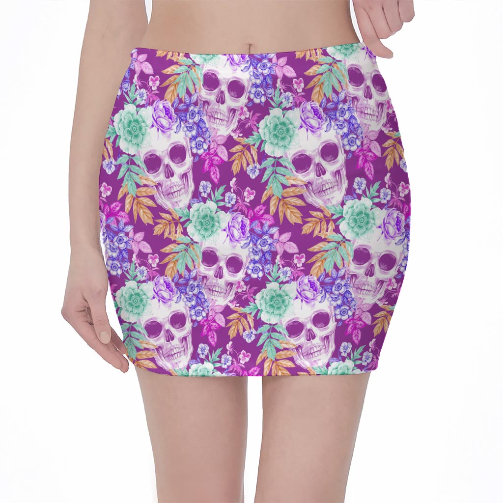 Neon Skull Floral Pattern Print Pencil Mini Skirt