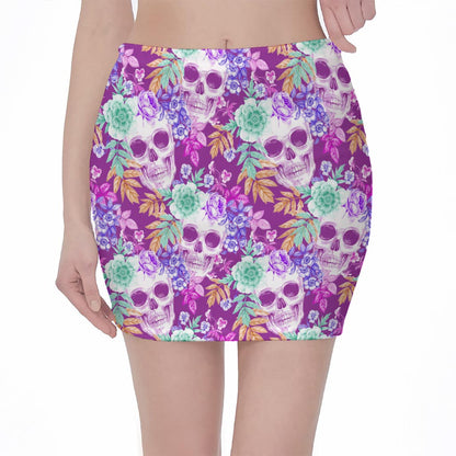 Neon Skull Floral Pattern Print Pencil Mini Skirt