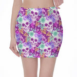 Neon Skull Floral Pattern Print Pencil Mini Skirt